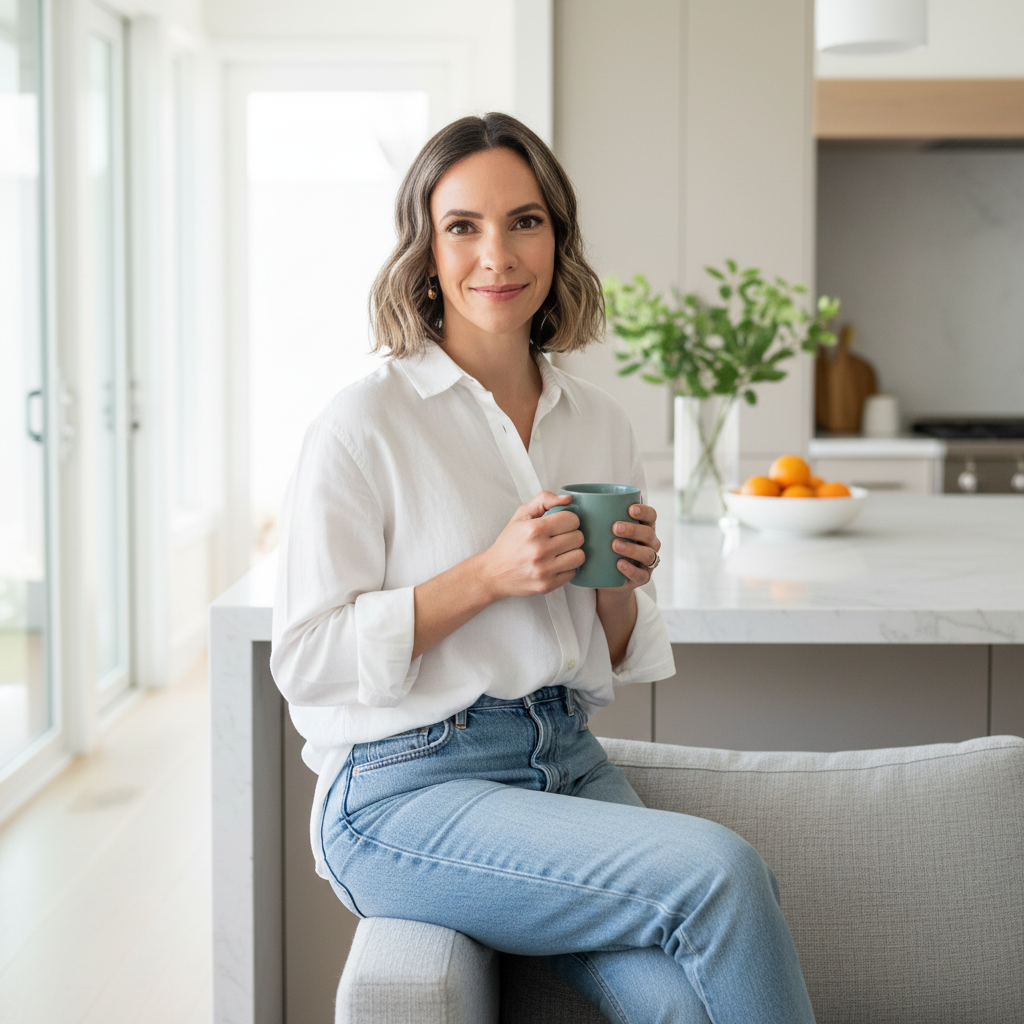 Ellen in kitchen holding a tea cup